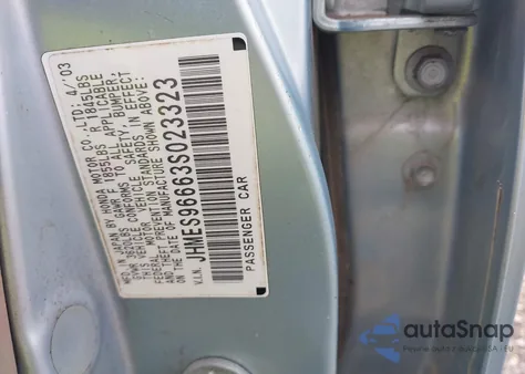 2003 Honda Civic Hybrid from USA, damaged, VIN JHMES96663S023323